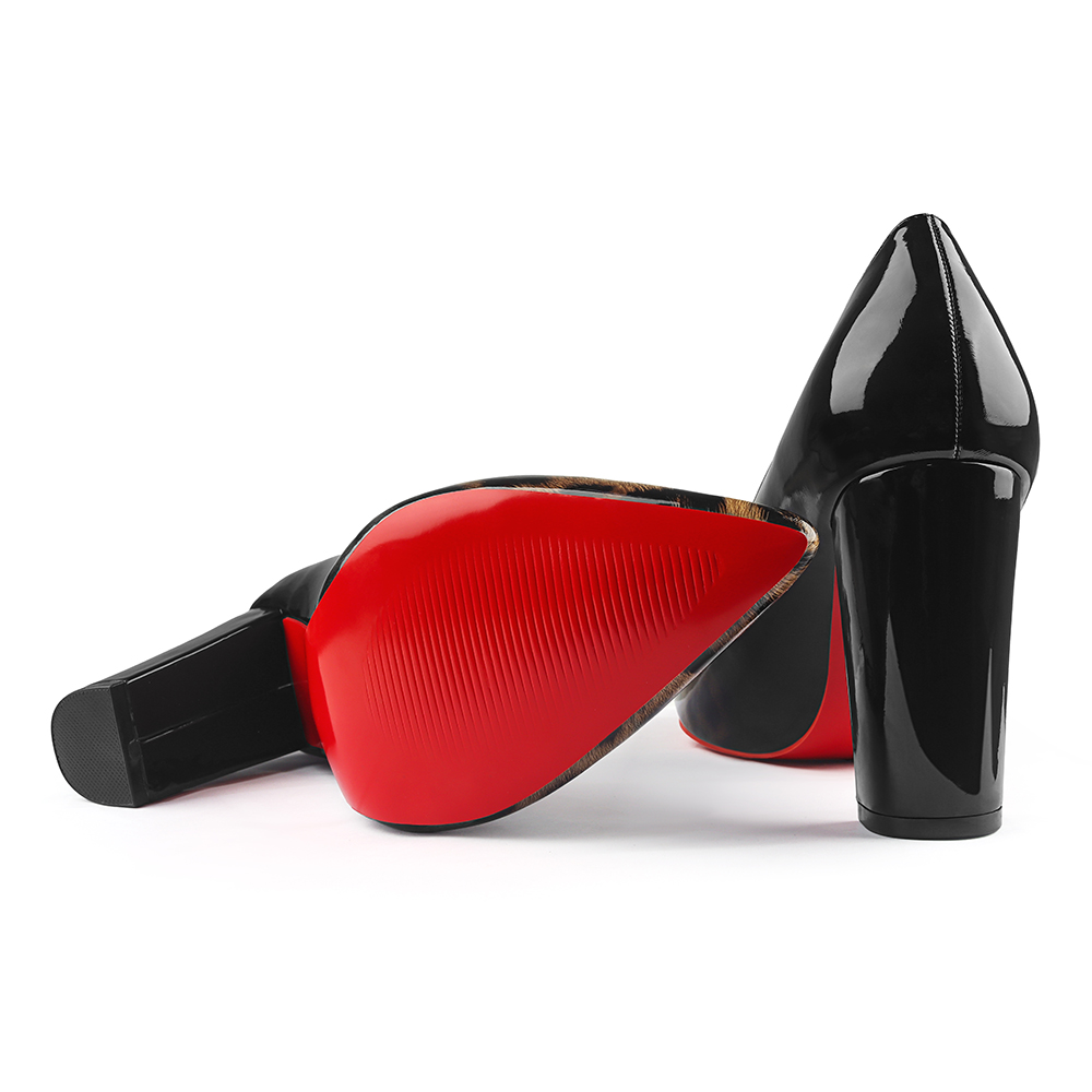 3.5" Women's Chunky Heels Red Bottom Shoes Comfortable Middle Block Heel Patent Pumps-MERUMOTE