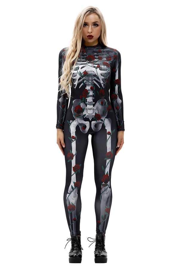 Creepy Skeleton Print Adult Halloween Costume Bodycon Jumpsuit Gray-elleschic