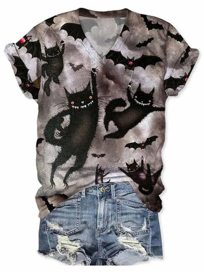 Women'S Black Cat Bat Print Short Sleeve T-Shirt
