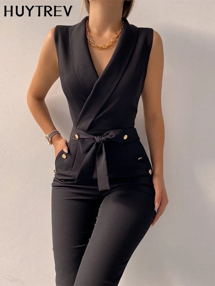 Abebey Back To School Elegant Office Lady Bodycon Jumpsuit  V Neck Pocket Button Lace Up Romper For Women Sleeveless Casual Overalls Black Summer
