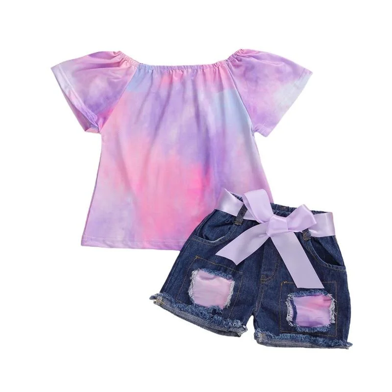 2020 Baby Summer Clothing Infant Kids Baby Girl Tie dye Leopard Clothes set Colorful Shirt Tops Ripped Hole Denim Bottoms