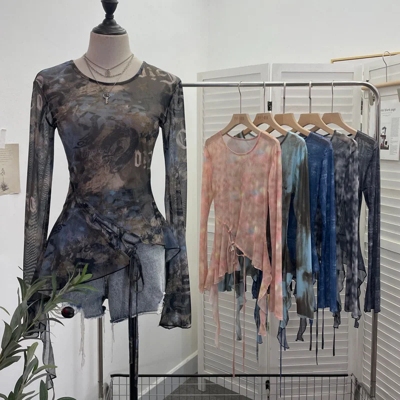 Uveng Irregular Tie With Lotus Leaf Side Tie Print Mesh Yarn Perspective Sunscreen Shirt T-Shirt T-Shirt Short T-Shirt 9928