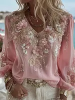 Women's Pink Floral Embroidered Art V-neck Long Sleeve Blouse
