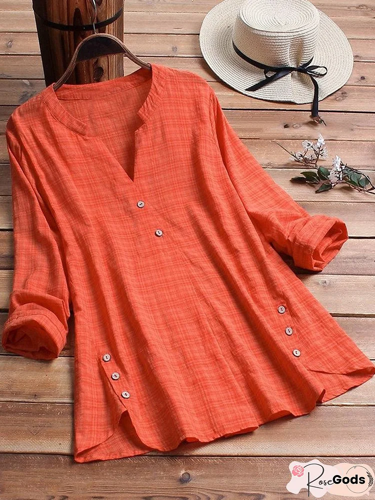 Vintage Long Sleeve Plaid Plain V Neck Plus Size Casual Tops