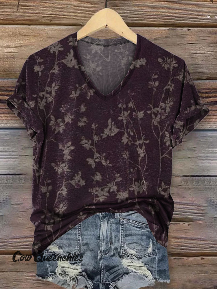 Women’s Vintage Art Print V-neck Casual T-Shirt Multicolor / S