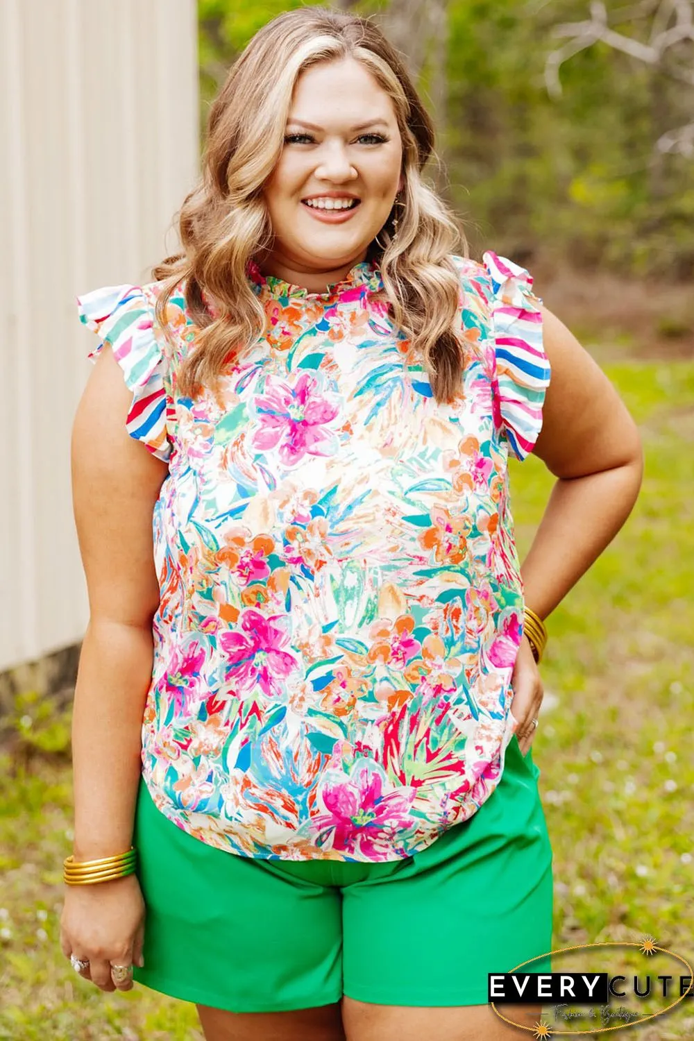 Multicolor Plus Sizie Striped Ruffle Sleeve Floral Blouse