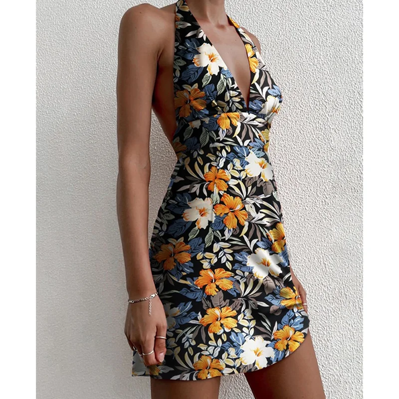 Women Floral Print Sleeveless Halter Neck Boho Deep V Neck Backless A Line Sundress Mini Dresses