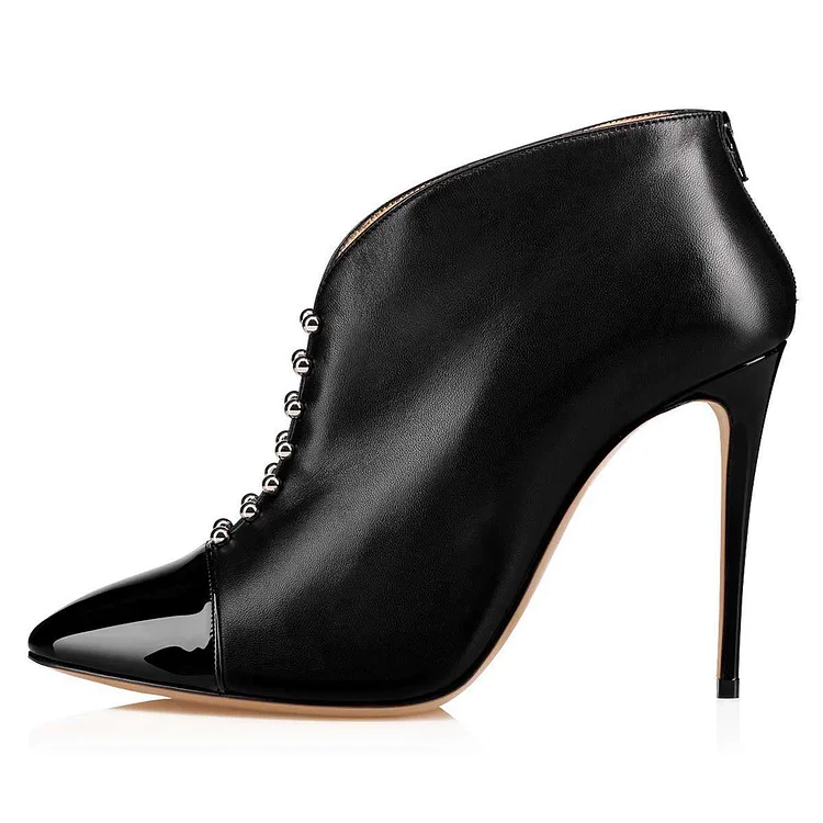 Black Studs Pointy Toe Stiletto Heel Ankle Booties Vdcoo