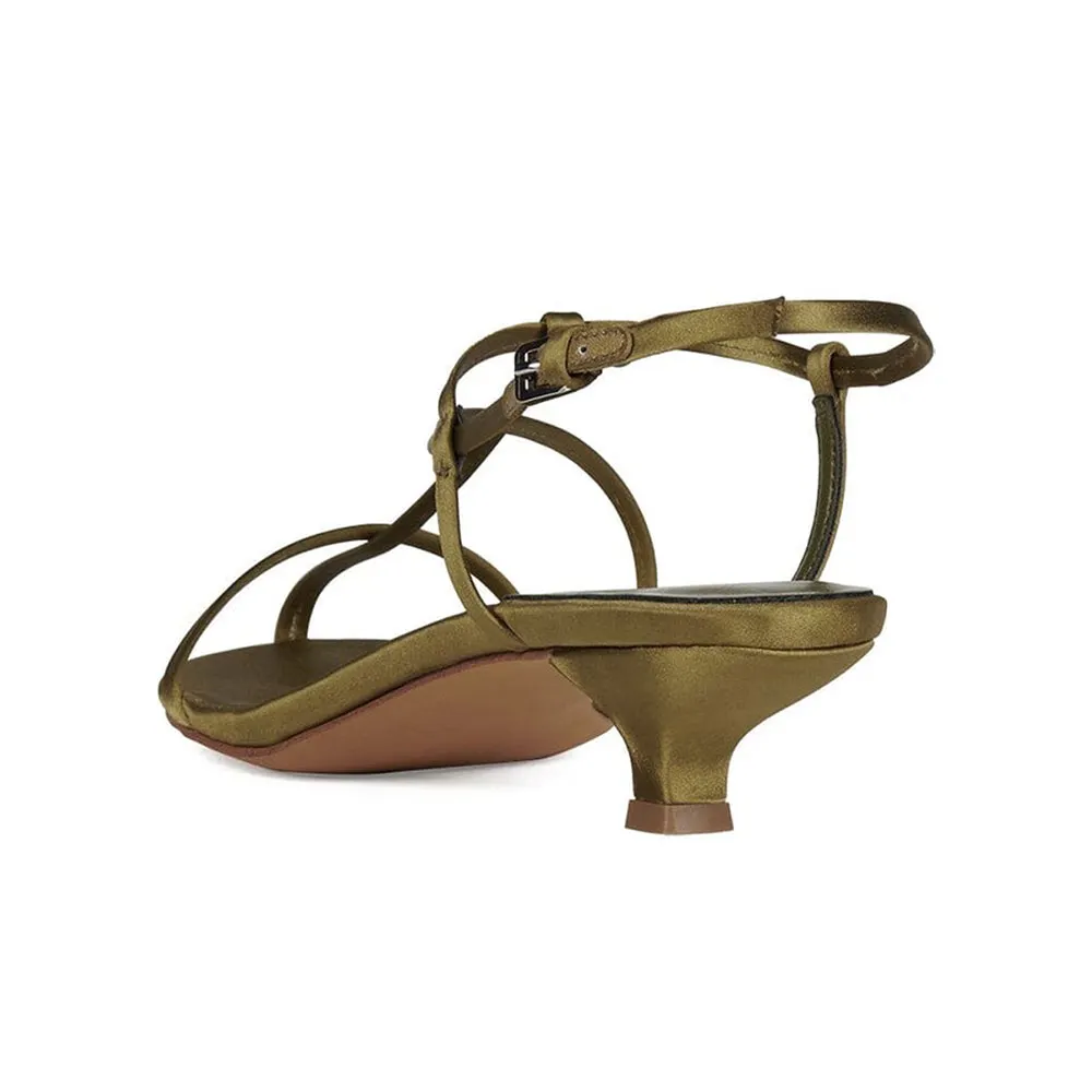 Olive Satin Open Round Toe Elegant Low Heel Sandals with T-Strap