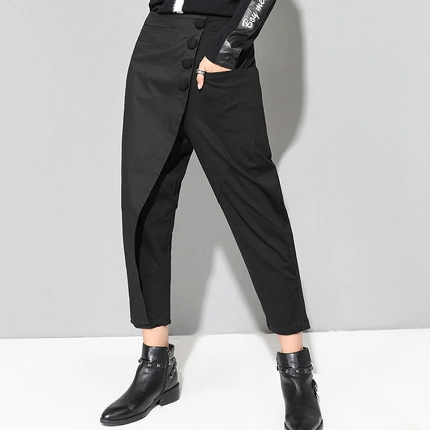 [EAM] 2021 New Spring Black Loose High Waist Flat Elastic Waist Women Fashion Tide Wide Leg Ankle-length Pants OA870