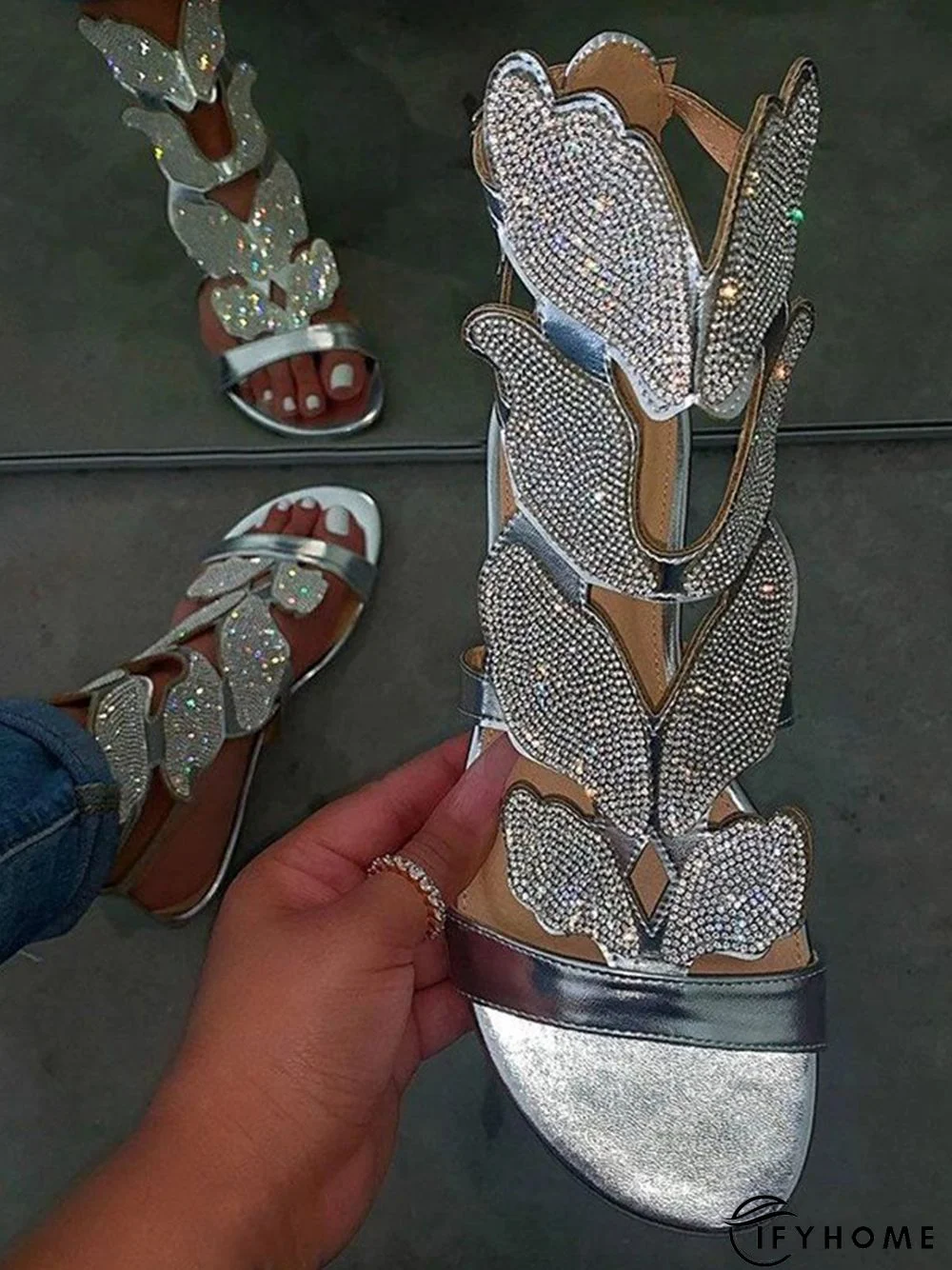 Buckle Open Toe Rhinestone Elastic Band Sandals | IFYHOME