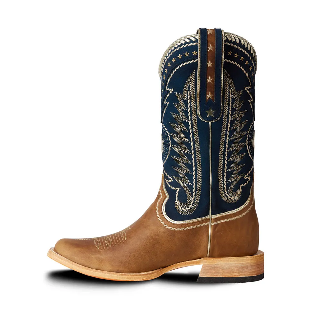 Brown & Navy Square Toe Stars Embroidered Cowgirl Mid-Calf Boots