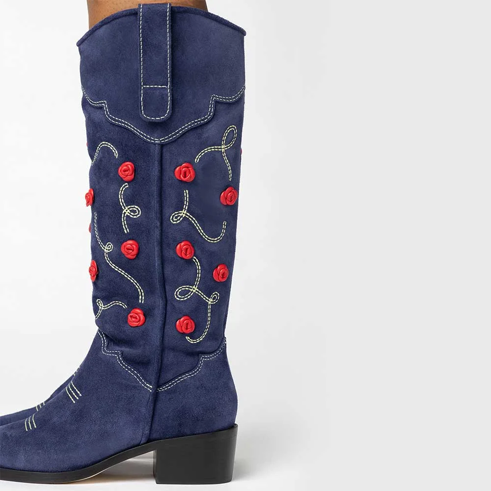 Navy Closed Toe Block Heel Embroidered Cowboy Boots with Flowers
