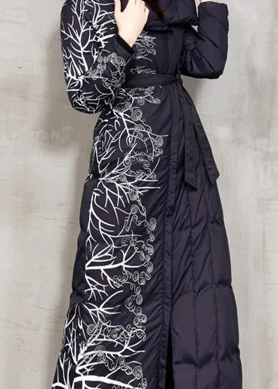 Casual black prints down jacket woman oversize hooded winter jacket tie waist New winter outwear