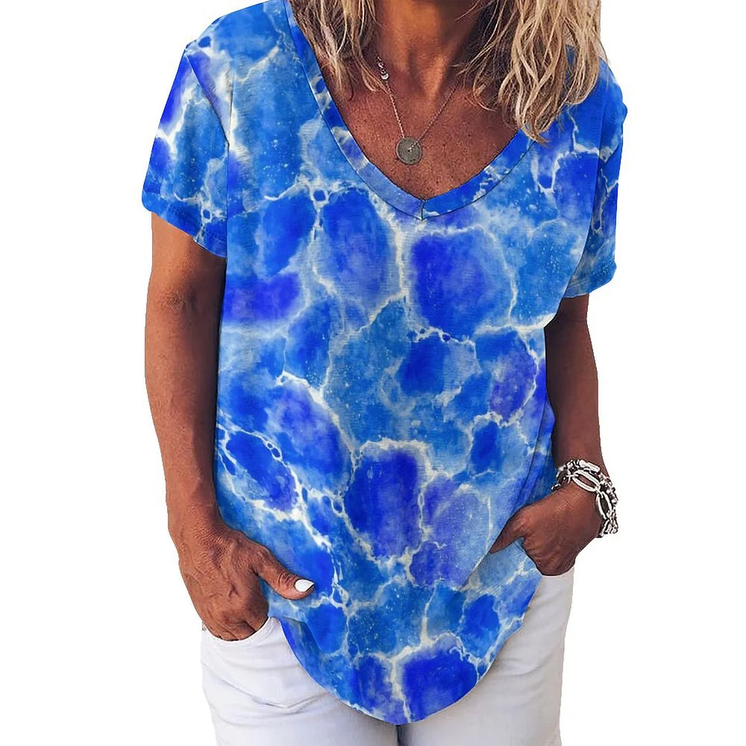 V-neck Short Sleeve Casual T-shirt for  Women Printed with Pattern Blue, Abstract, Wave