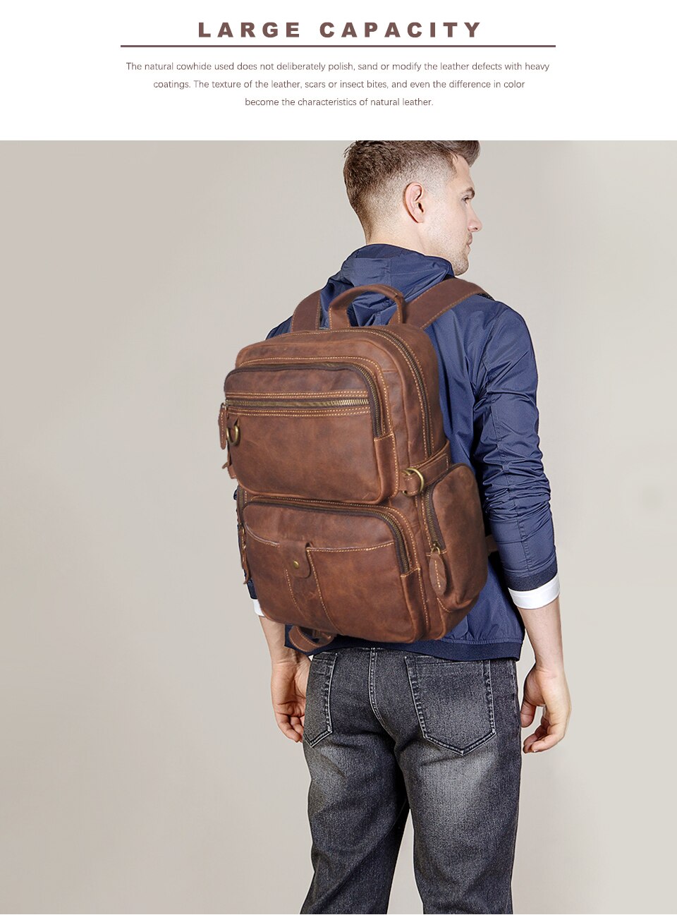 Model Show of Woosir Full Genuine Leather Daypack