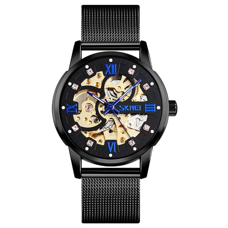 SKMEI 9199 Men Automatic Mechanical Watch Mesh Belt Gear Skeleton Watch