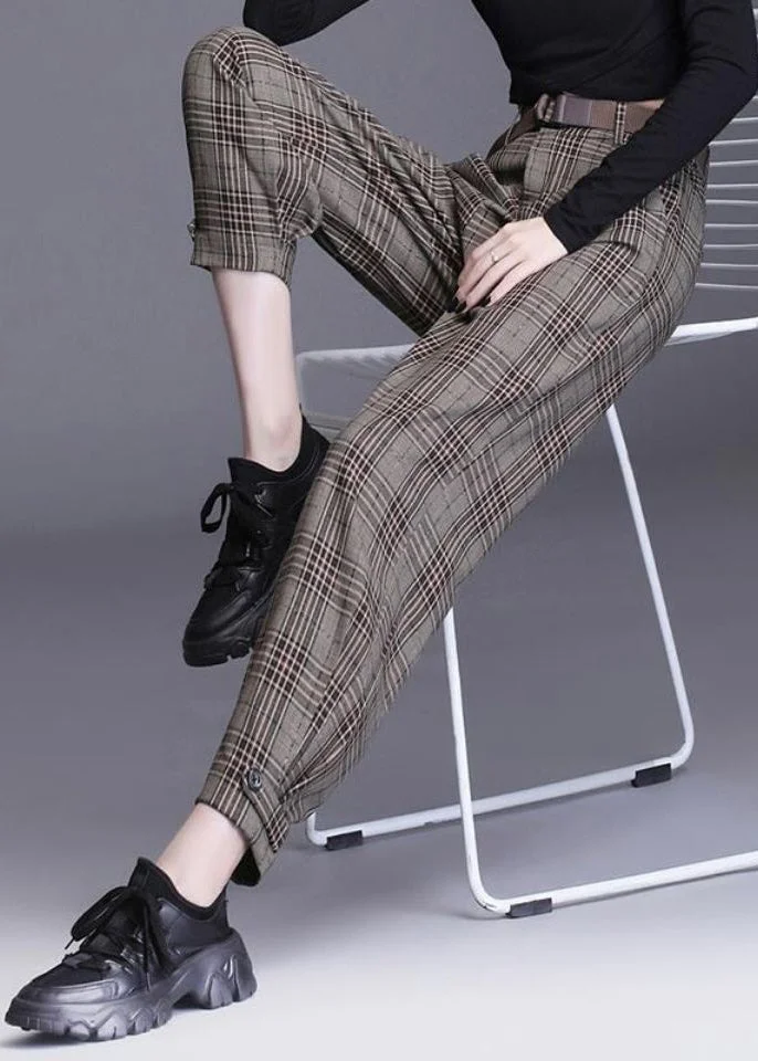 French Coffee Plaid Pockets Cotton Crop Pants Spring
