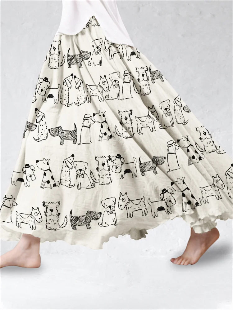 Lovely Dogs Painting Pattern Flowy Wide Skirt