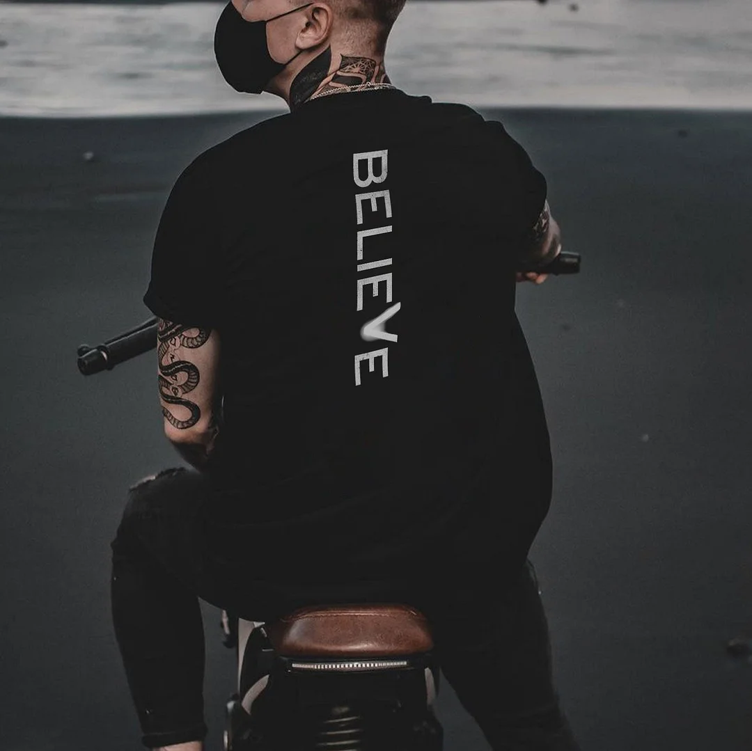 BELIEVE Modern and Simple Style Black Print T-shirt