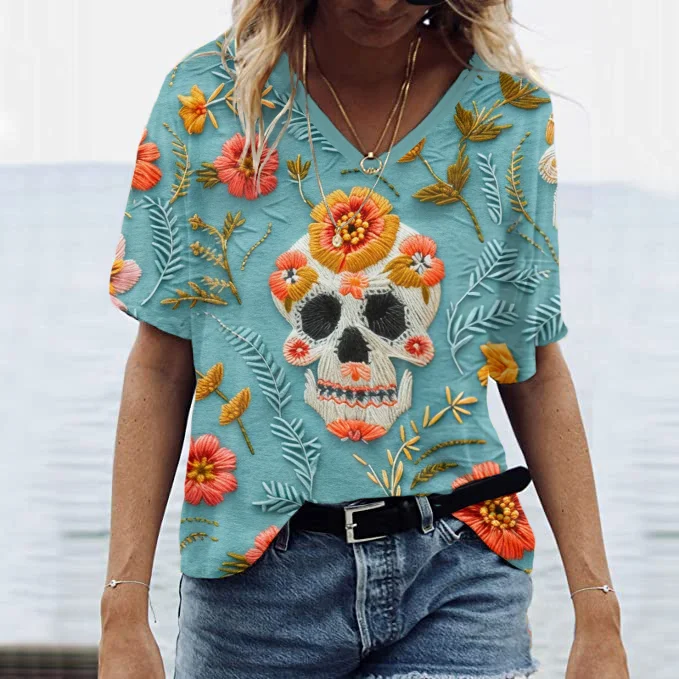 Mexican Cute Sugar Skull Day Of The Dead Inspired Art Painting V-Neck T-Shirt