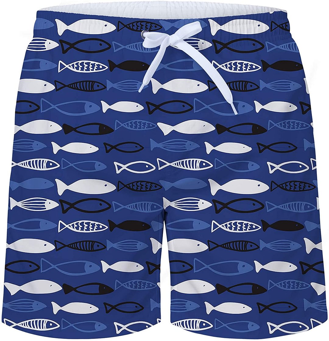 Mens 5.5Inch Swimming Trunks 3D Fish Graphic Quick Dry Surfing Beach Shorts Swimsuit with Mesh Lining
