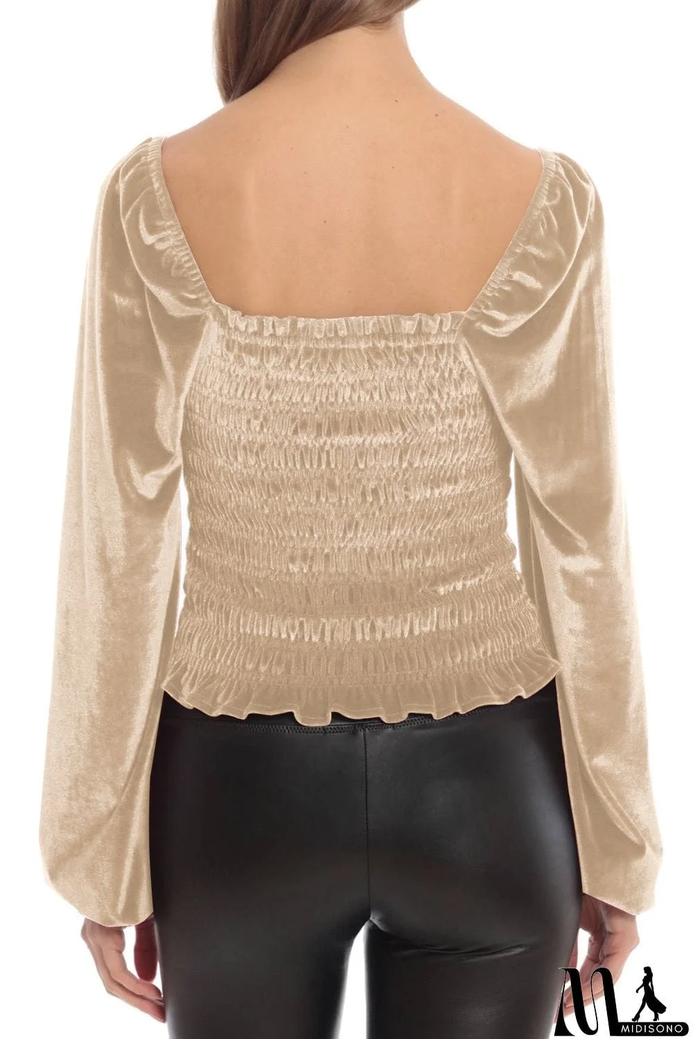 MidiSono - Smocked Square Neck Long Sleeve Blouse