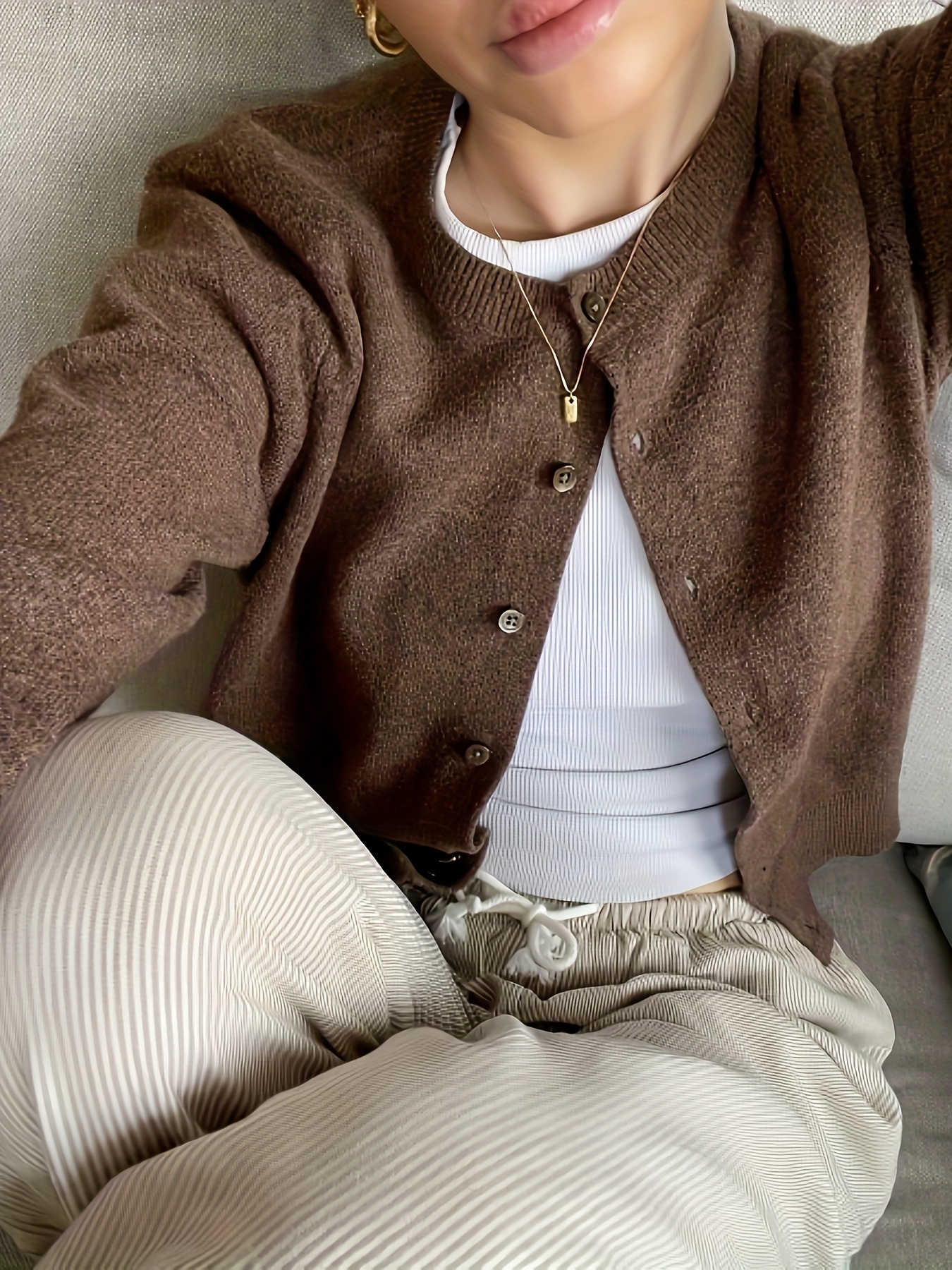 Women's Elegant Sweater cardigan - Chic Office & Everyday Coat, Front Button Closure, Machine Washable Fall/Winter Outerwear in Neutral Brown - HW915