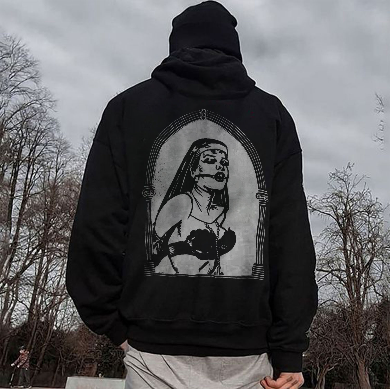 Bind the Corset Nun Sexy Play Design Style Graphic Black Print Hoodie