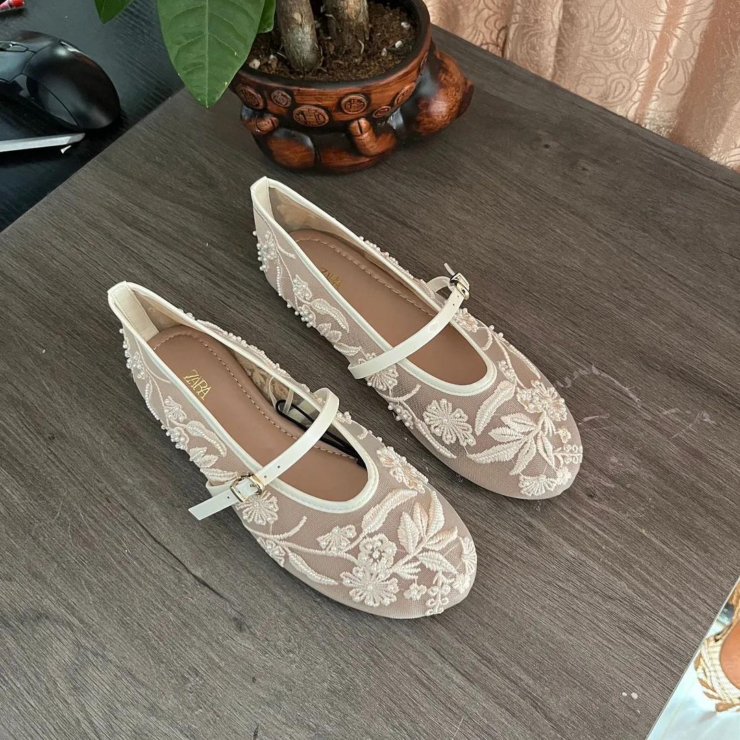Breakj Breakj Home 2025 New Shoes Women's Flat-Bottomed Mary Jane Women's Shoes New Embroidery Chinese Style Bag Head White Sandals