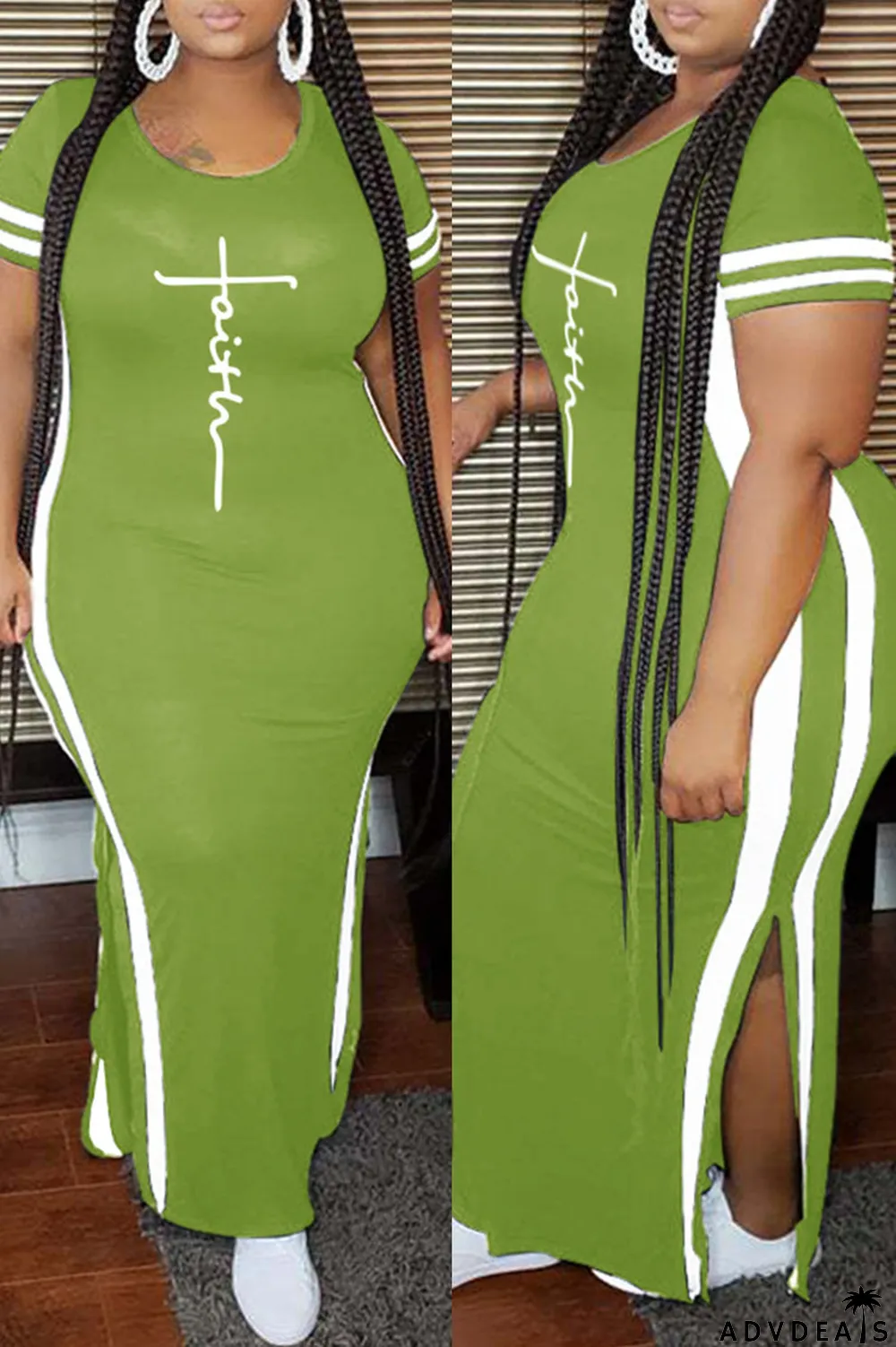 Tibetan Blue Fashion Casual Plus Size Print Slit O Neck Short Sleeve Dress