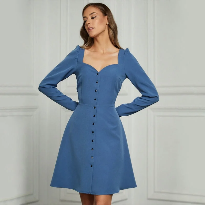 Vintage Button Dress Vestidos Ladies Trendy Solid Puff Sleeve A-line Mini Dress Women Elegant Slim All-match Mini Dress Autumn