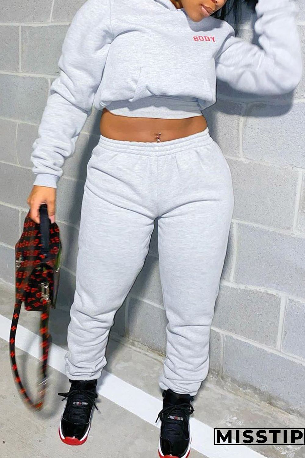 Gray Fashion Casual Hooded Collar Long Sleeve Regular Sleeve Letter Print Plus Size Set