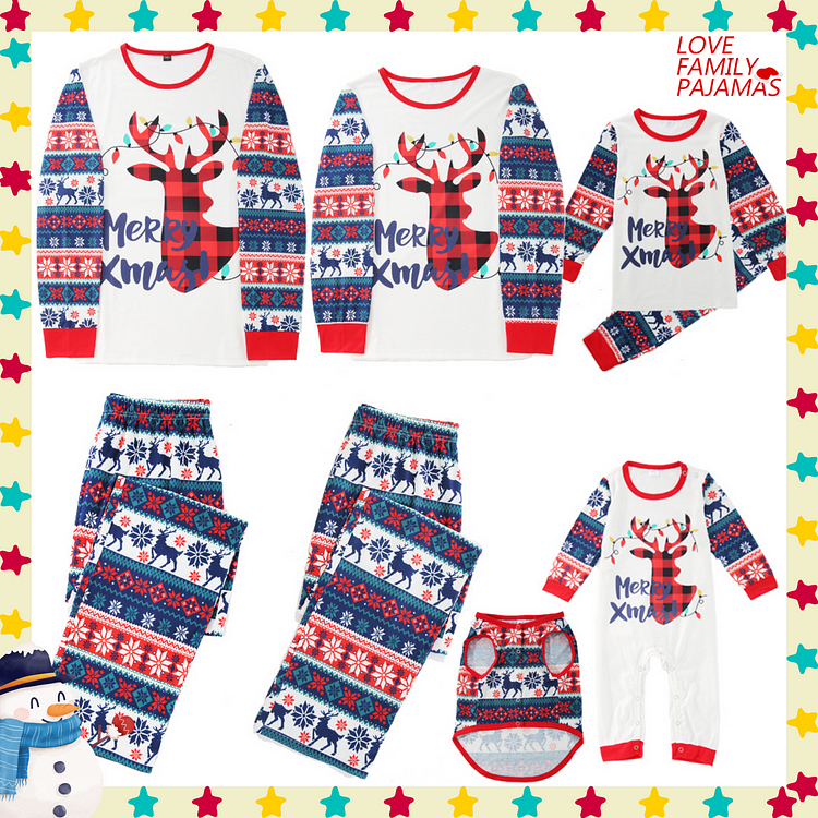 Merry Christmas Reindeer Print Xmas Snow Holiday Matching Pajamas Sets