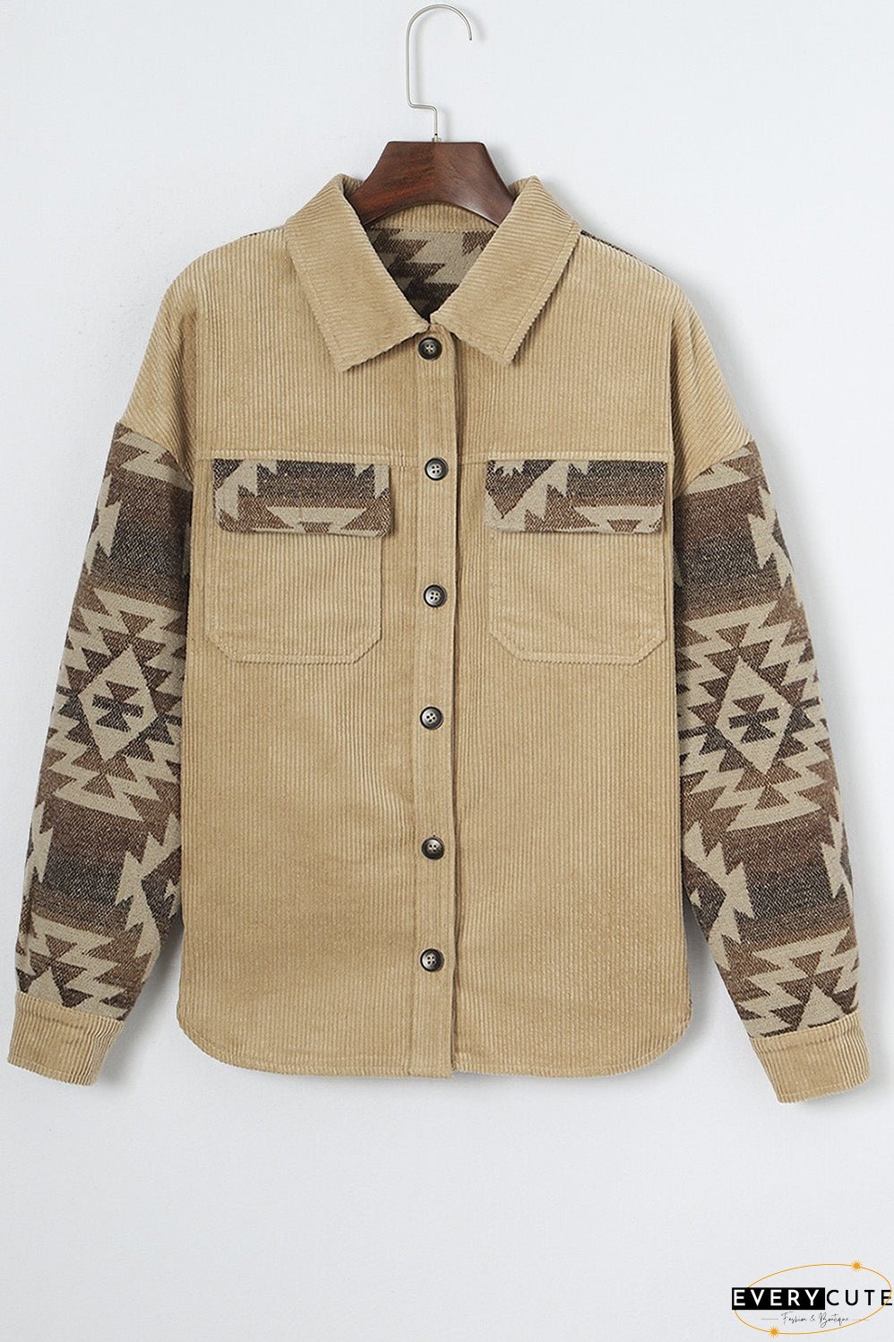 Khaki Aztec Print Patchwork Frayed Edge Corduroy Jacket
