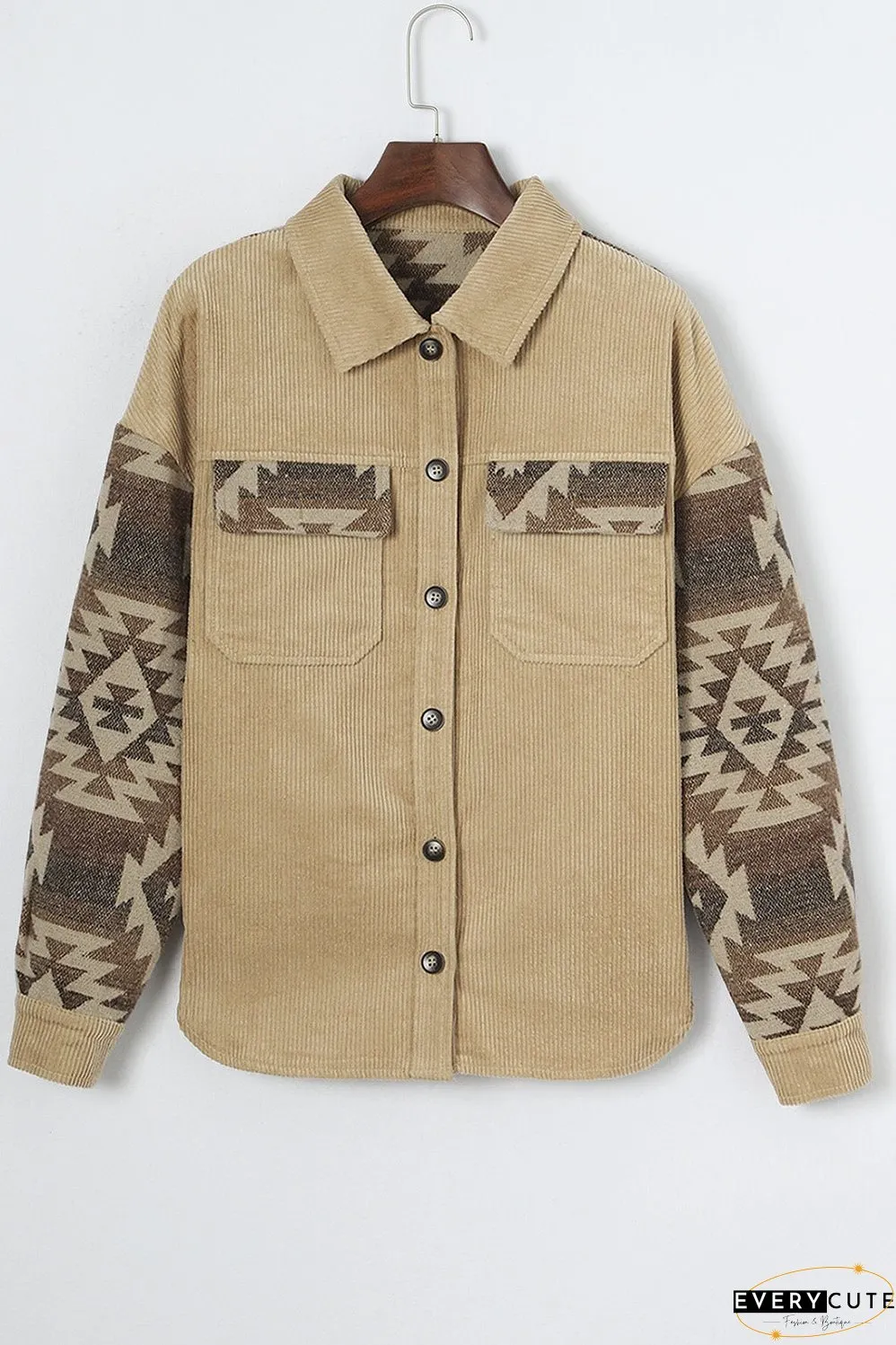 Khaki Aztec Print Patchwork Frayed Edge Corduroy Jacket