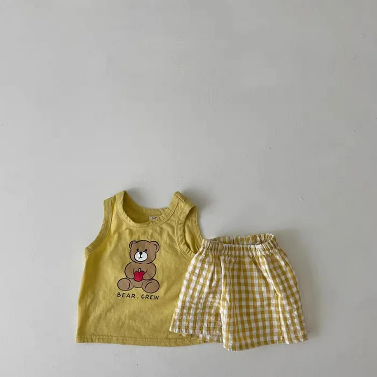 2pcs Baby Toddler Boy/Girl Bear Print Sleeveless Tank and Plaid Shorts Set