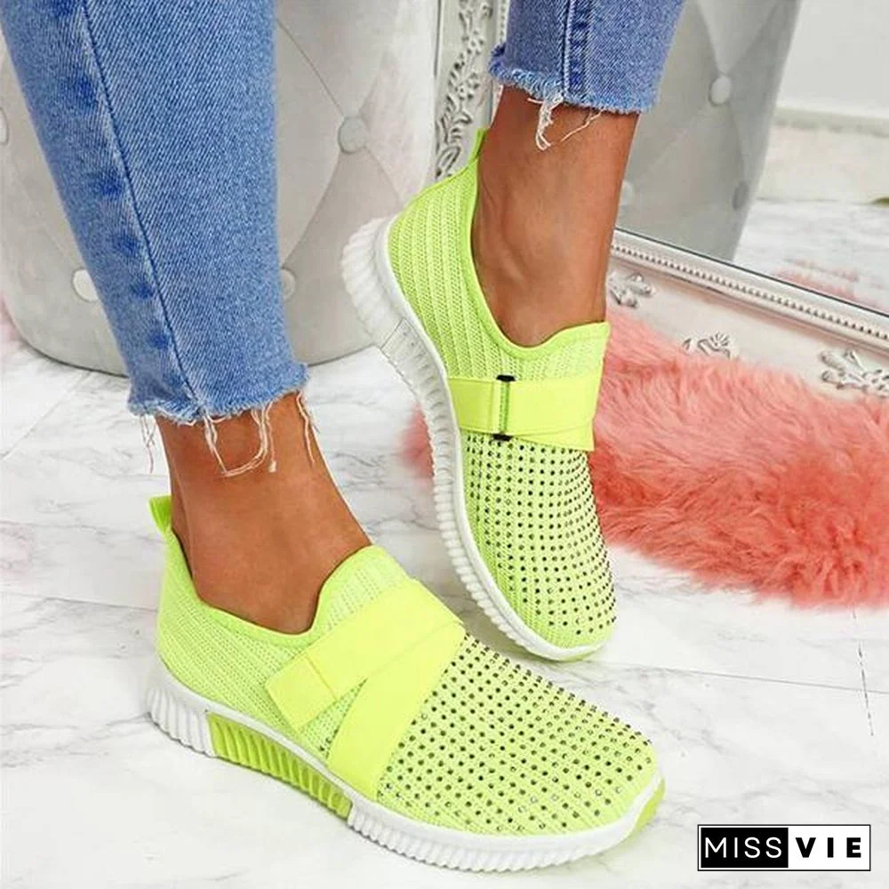 Women Fashion Bling Rhinestones Flyknit Fabric Slip On Breathable Platform Sneakers