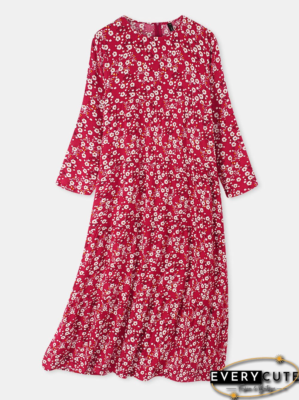 Women Vintage Floral Print O-neck Pocket Long Sleeve Maxi Dress