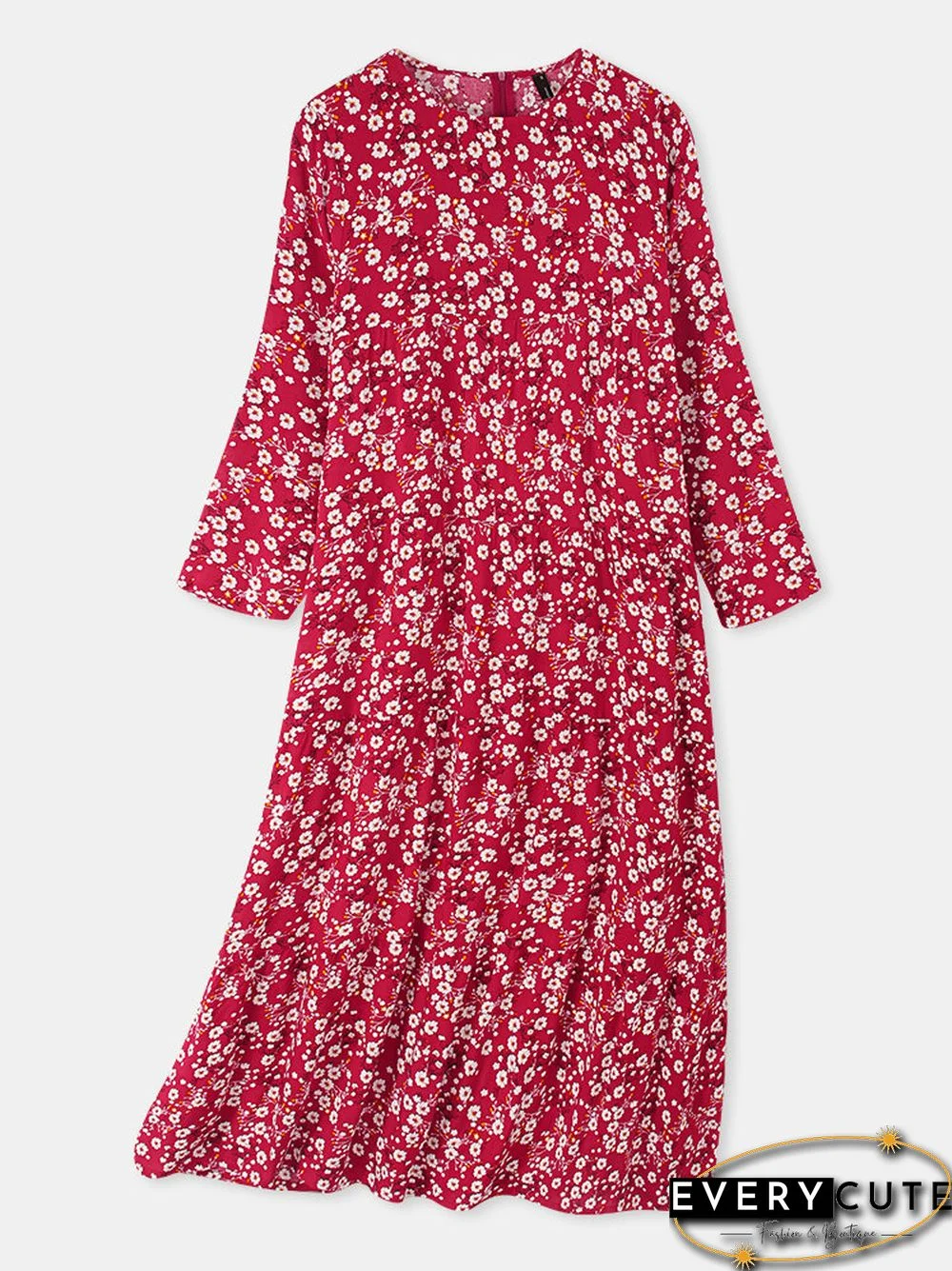 Women Vintage Floral Print O-neck Pocket Long Sleeve Maxi Dress