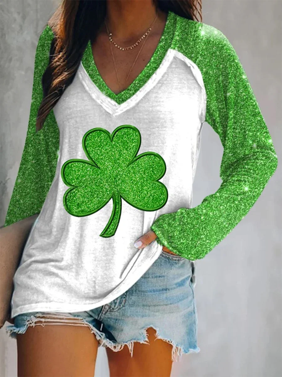 Women's Shiny Clover Print Raglan Long Sleeve St Patrick's Day Tee