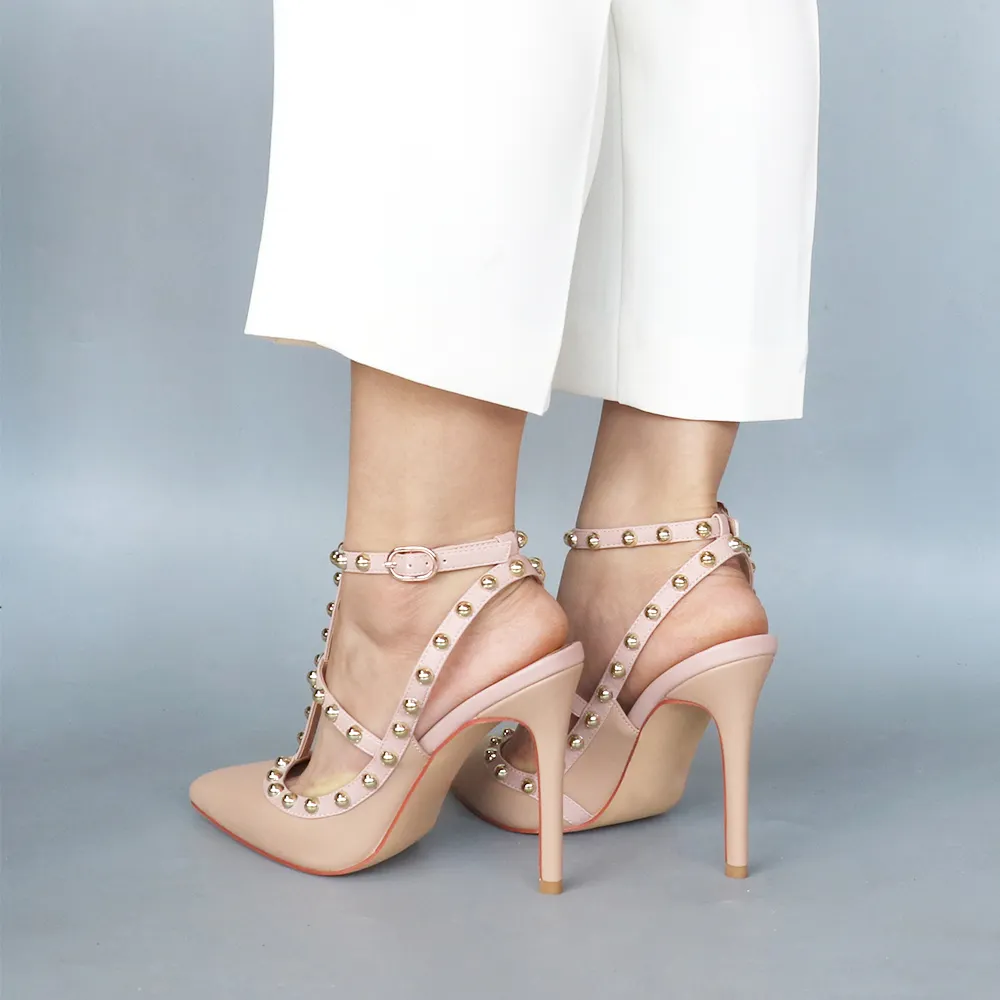 100mm Heels Strap Sandals with Pointed Rivets for Women Slingback Pumps Closed Toe Nude Matte Sandals-vocosishoes