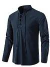 Men's Casual Stand Collar Drawstring Design Cotton Linen Henley Long Sleeve T-Shirt