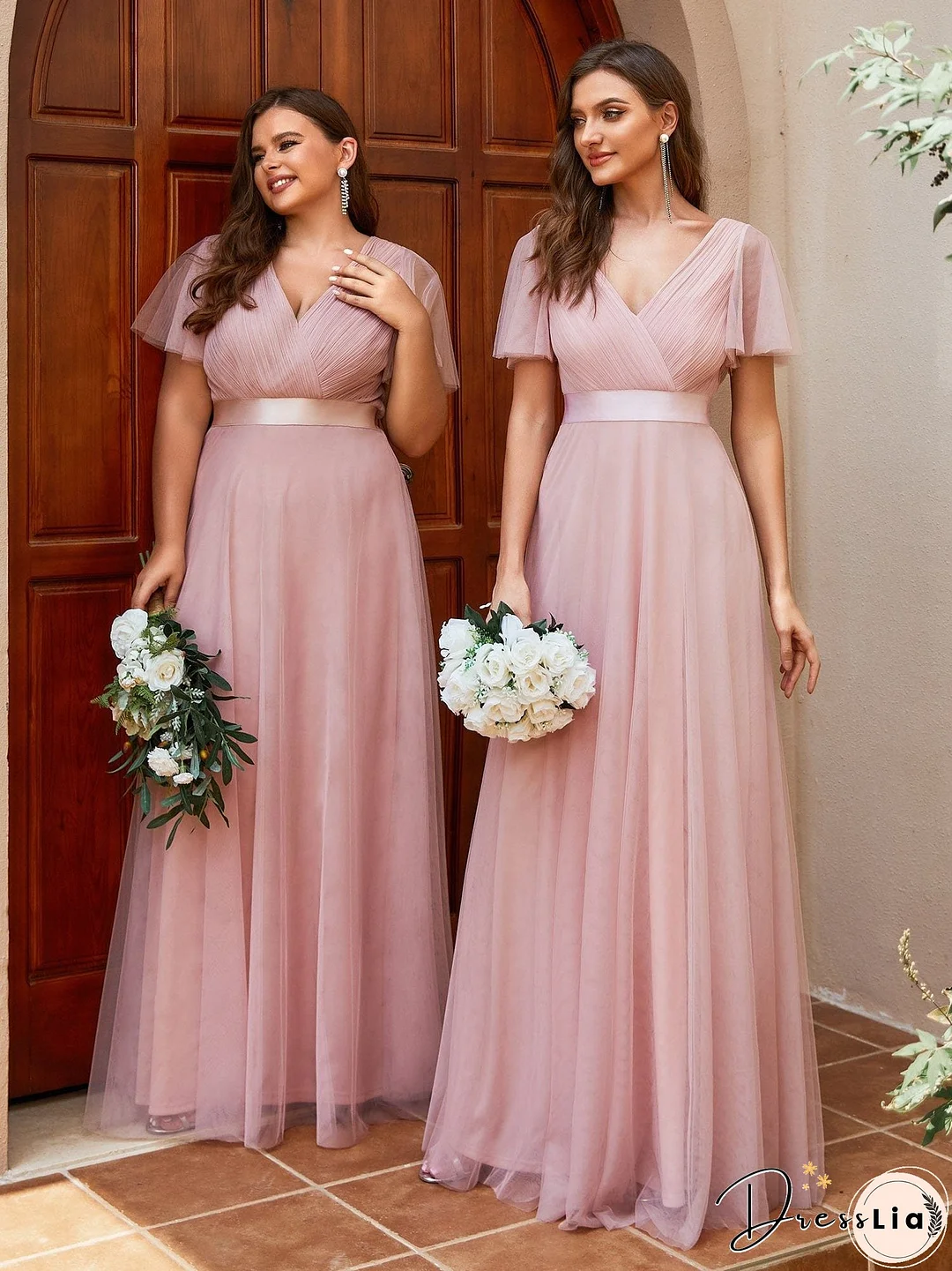 Elegant Flutter Sleeve Double V-Neck Tulle Bridesmaid Gown