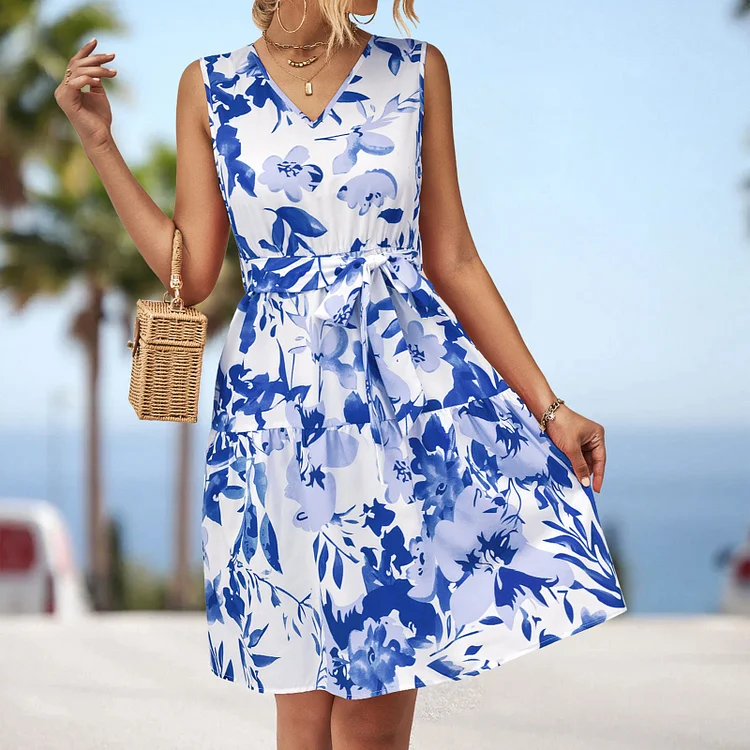 Women's Summer Casual Sleeveless Floral Print Tunic Cotton Mini Dress