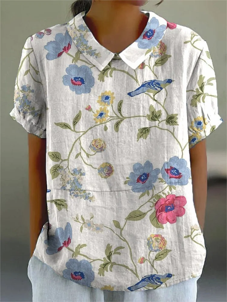Women's Vintage Lovely Floral Birds Art Print Casual Cotton And Linen Shirt