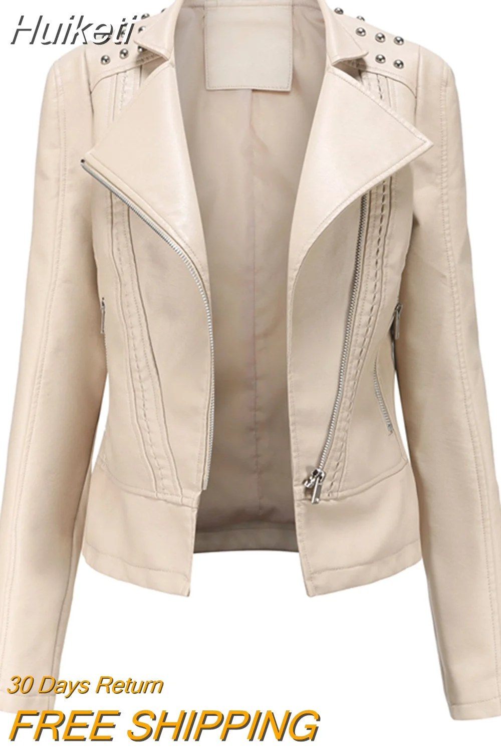 Huiketi New Women Spring Autumn Leather Jacket Turn Down Collar Long Sleeve Slim Thin Small Coat Biker Suit