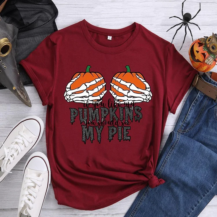 Skeleton Pumpkin Pie Round Neck T-shirt-0018592