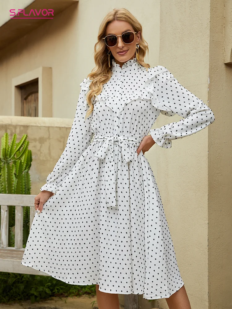 Jangj S.FLAVOR Autumn White Casual Dresses For Women Elegant Single Button Polka Dot A-line Ruffles Long Sleeve Retro Vestidos Winter