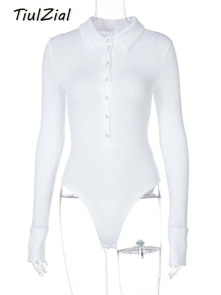 Button Autumn Winter Long Sleeve Bodysuit Women Turn Down Casual Bodysuit For Woman Body Female Black White Brown Tops